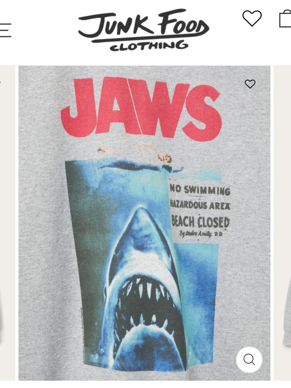 Junk Food Clothing JAWS Crewneck Sweatshirt - Gray with Red & Blue Graphic - Picture 2 of 9